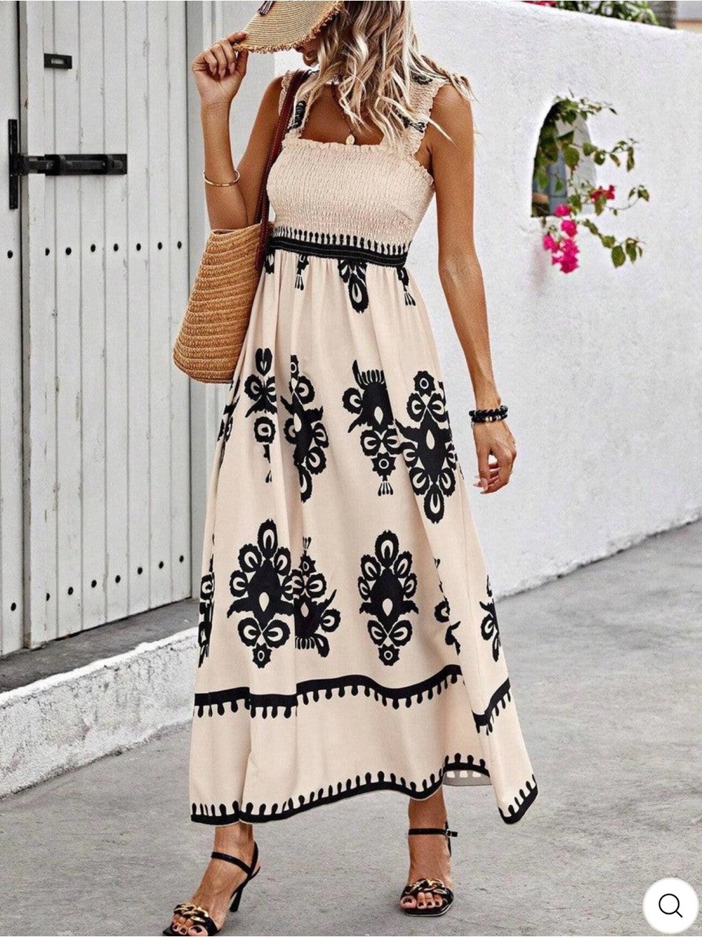 Beige and Black Smocked Maxi Dress